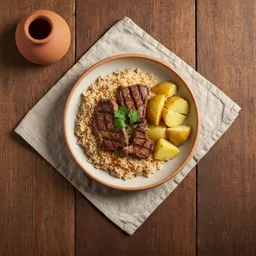 لحم خروف مشوي بالأرز والبطاطس