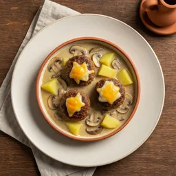 Baked Kofta in Mushroom-Cream Sauce with Melted Cheese